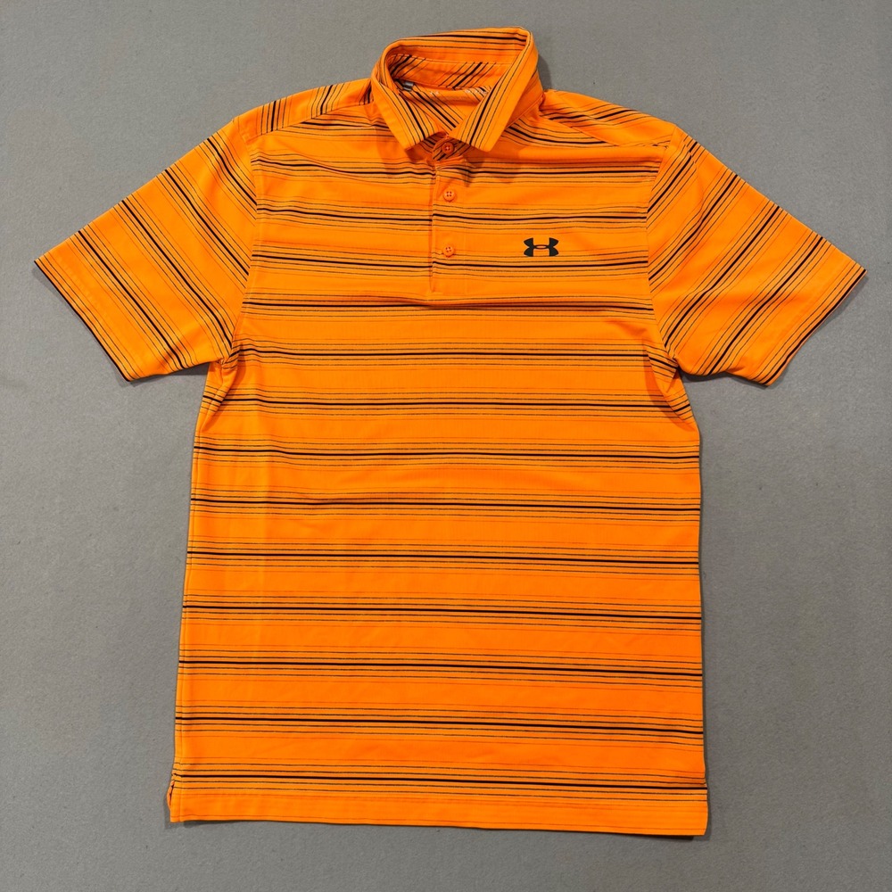 Under Armour Polo Shirt Mens Small Orange Striped HeatGear Short Sleeve Loose